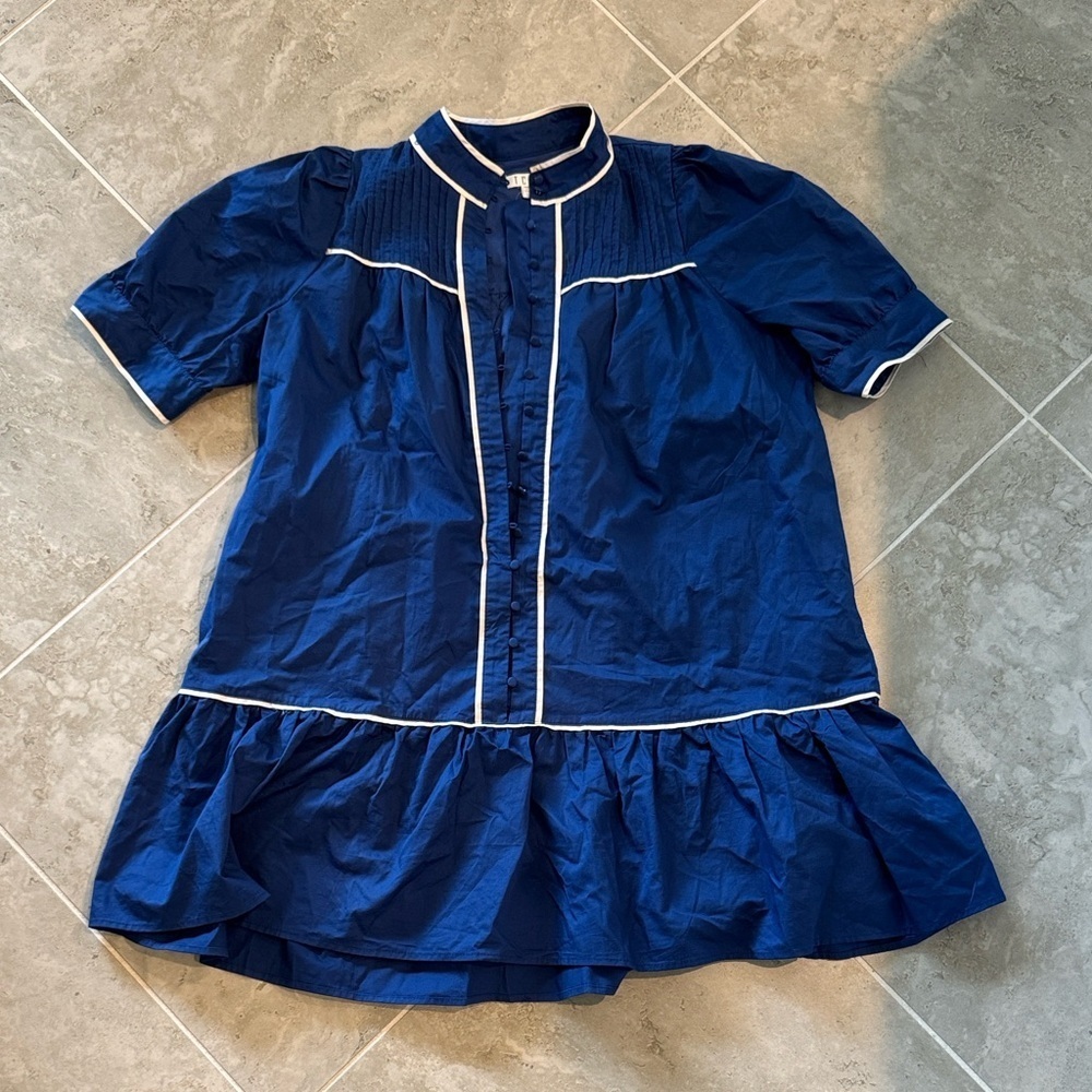 TCEC Navy Blue Peasant Ruffle Dress with White Piping